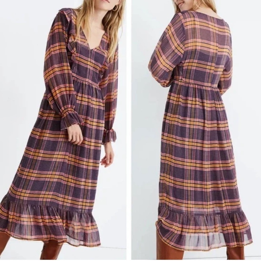 Madewell Sheer Plaid Full Sleeve Ruffle Midi Maxi Dress 2 / Small